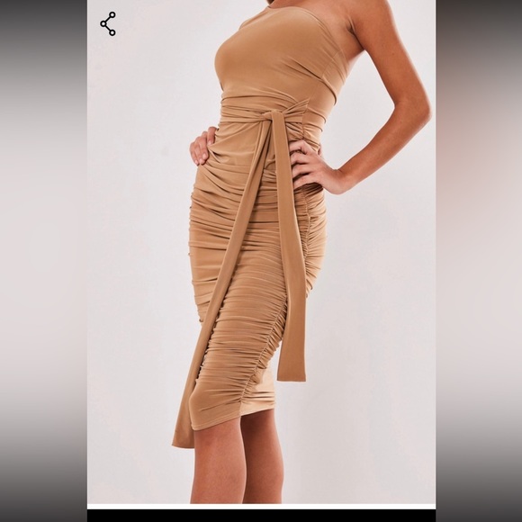 Missguided Camel One Shoulder Slinky Bodycon Ruched Beige | US Size: 14 - Picture 3 of 6